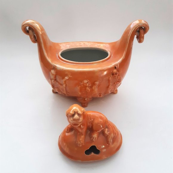 Shofu Japan VTG Incense Burner Jar 1930s Orange Lusterware Art Deco Rare - Picture 4 of 11